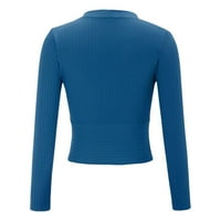 Žene niske rez V izrez Slim Fit bluza dugih rukava prekrižena prednja majica Tops Blue XL