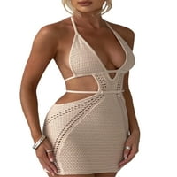 CAROLILLY ženski ljetni halter Bodycon mini haljina, bez rukava V-izrez za vezanje unaprijed izdubljena