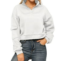 Ediodpoh Žene Ležerne prilike dugih rukava Zip pulover Dukseri sa džepom dukserice bez kapuljača za žene bijele m