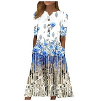 Ljetne haljine cvjetni V-izrez A-line dužine koljena vruća prodaja kratka rukava za žene Ležerne haljine na klirensu nebo plave s