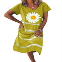 Ženske haljine midi duljina dresima O-izrez ljetna pruga od kratkih rukava u kratkim rukavima, proljeće ljetne haljine za žene yellows