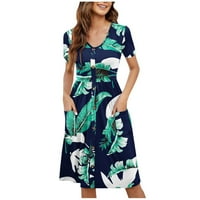 Ženske oblače srednje duljine kratkih rukava moda A-line cvjetni V-izrez ljetna haljina zelena 2xl