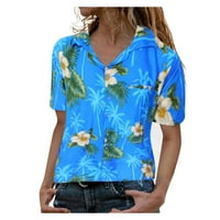 FSqjgq Ženske ljetne majice s kratkim rukavima na vrhu labave bluze Radne košulje za žene Funky Hawaiian košulja Frontpocket odlazi cvijeće dlan print top plavi xxl