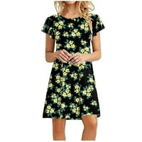 Clearsance Ljetne haljine za žene tiskane iznad koljena A-line kratkih rukava modna haljina izreza Crew Yellow 2xL