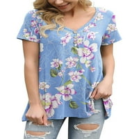 Eleluny Women V izrez cvjetni print majica kratki rukav labav ležerne topline bluza plava 2xl
