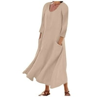Gotyou Fashion Haljine Ženska modna casual Solid Color rukava Pamučna posteljina Džepna haljina Khaki XXXXL