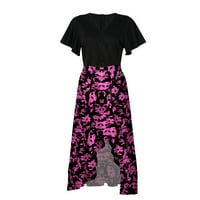Ležerne haljine za žene kratki rukav a-line asimetrični slobodno vrijeme s tiskanim haljinama V-izreza vruće ružičaste xl
