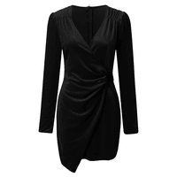 Zimske haljine za žene Ženska moda Pleuche Solid Boja duboka V-izrez Dugih rukava za zabavu Zimska haljina Poliester Black XL