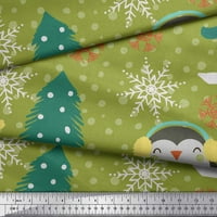 Soimoi Green Japan Crepe Satin Tkaninski božićno drvce i pingvin crtani crtani odštampani tkanini sa