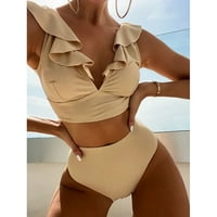 FOPP prodavač Ženska Split modna modna puna boja ruffle Beach kupaći komič s dugim suknjama Bež s