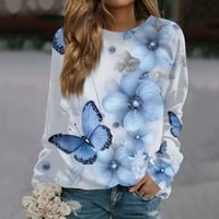 Smanjeni ženski casual modni modni cvjetni print dugih rukava O-izrez TOP bluza, svijetlo plava, s