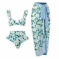 Ženski kupaći kostimi ženski kupaći kostimi Vintage Print čipke za čipke Split kupaći kostimi Bikini čipka up kupaći kostim duga suknja Šifon trodijelni set zeleni zeleni 4