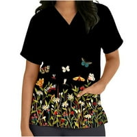Leesechin ženske vrhove bavi kratkim rukavima V-izrez košulje s uniformnim leptirnim tiskanim džepovima