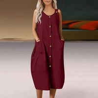 Umfun Women Ljeto Ležerne majice Haljine Solid Plus veličina S do 3XL sa džepovima Dugme Pamuk posteljina okrugla vrata bez rukava bez rukava