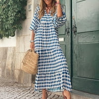 Ženski ljetni casual modni geometrijski print izrez čipke mjehurići srednji rukavi ruffles šivanje velike ljuske duge haljine