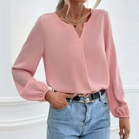 Bvanrty ženska modna moda V-izrez pune boje dugih rukava sa rukavima za rukave s rukavima na vrhu majica Pink xxl