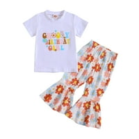 Tosmy Toddler Djevojka odjeća s kratkim rukavima na majici Tors cvjetni ispis zvona na dnu hlače djeca