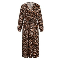 Zunfeo Ženska Ležerna haljina - Leopard tiskani s dugim rukavima FIT & FLARE haljina Seksi Split Party haljina Maxi Haljina V izrez Haljina Kafa 10