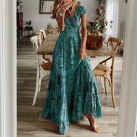 Ženska ljetna haljina šifon Ležerni print V-izrez kratki rukav dugačak haljina Maxi haljine plaže na plaži Haljina od plaže zelena l, SAD Veličina: 8