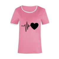 Daznico Womens Tops Ženski povremeni ispis srca Okrugli vrat Labavi kratki rukav majica Pulover vrhove Bluze za žene Pink XXL