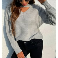 Vremenski džemperi za žene Trendy Soild Boja dugih rukava pletene pulover Crewneck džemper, sivi, m