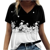 Scyoekwg majice kratkih rukava za žene Dressy Ležerne prilike Udobni V-izrez Basic Tees Trendy Cvjetni uzorak Grafički tees Loot Fit bluza Majica Black XL