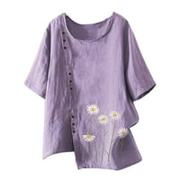 Cleance Žene Dugi rukav Ljeto O-izrez rukava od labave pamučne košulje vrhovi čvrsta bluza, ljubičasta