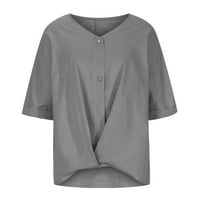TOQOT košulje s dugim rukavima za žene - ležerne tuničke bluze V-izrez pamučne posteljine ženske padavine sive veličine 5xl