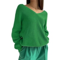 Ženski novi V izrez dugih rukava sa labavim vitkim skakačima, čvrstim vrhovima u boji, džemper sa niskim