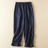 Qiaocaity ženske visoke struk široke noge duge hlače pantalone ležerne tipke pamučne posteljine hlače labave opuštene udobne hlače mornarice l