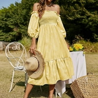 Ljetne haljine za žene plus veličine Boho Flowy Puff rukav s ramena Ljetnje Ležerne prilike Plaid Ruffle Midi Dut haljina Ležerne prilike ljeto žute xxl