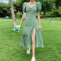 Ležerna ljetna duga haljina za žene cvjetni tiskani puff rukav kvadratni vrat kratkih rukava haljina visoke prolivene haljine zelene veličinexl