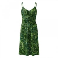 Ljetne haljine za žene V-izrez modna dužina koljena cvjetna sunčanica haljina bez rukava zelena s