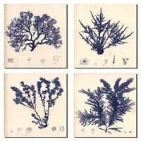Plavi botanički i lijep vintage cvijeće; Cvjetni dekor; Četiri 3x10in printova postera. Plava krema