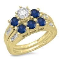 2. Carat 18K žuti zlatni okrugli rez plavi safir i bijeli dijamantski ženski zaručni prsten za brisanje sa matc