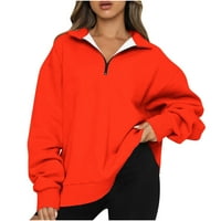 Fartey predimenzionirana dukserica za žene Zip up lapel labavi pulover Dukserice od punog boja s dugim rukavima
