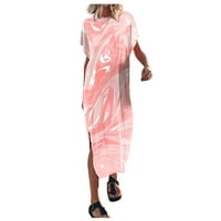 Ženske haljine dužine gležnja maxi kratki rukav okrugli izrez ljetni ispisana haljina ružičasta s