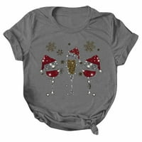Ženski božićni stakleni pahuljivi snjegović print o ovratnikom majica bluza s kratkim rukavima košulja s dugim rukavima žene sivi xxl