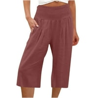 DXhmoneyh pamučna posteljina kapris za žene casual visoke struke široke noge useljene hlače ljetne joge jogger kapri hlače sa džepovima