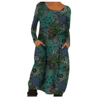 Clearsance Ljetne haljine za žene scoop vrat cvjetni a-linijski boemski dnevni list s dugim rukavima zeleni xl