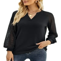 Žene šuplje dugi rukav Labavi Ležerni Fall Majica V izrez čipka za čipku Speccing Plain Jesen Tunic Modna bluza od vafle