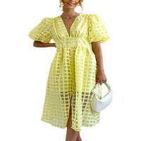 Capreze Dame Midi haljina lisnata s rukavima za ljuljanje V izrez mekani kratki rukav žuti m