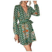 Žene prerade - Fit Flare Cvjetni slegantni vitki haljini s dugim rukavima V izrez Mini haljina zelena