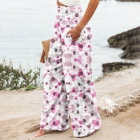 Ženske pamučne pamučne pamučne hlače labave elastične visoke struk casual široke noge joga plaža cvjetna