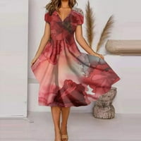 Ljetne haljine za žene Srednja dužina A-line kratki rukav modni rukav s V-izrezom Dress Red s