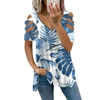 Clearsance Ljeto vrhovi Ženska blusa kratkih rukava Ležerne prilike ispisane modne bluze V-izrez, nebo plavo, m