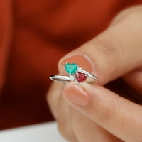 Dva kamena prstena, smaragdno i rubin srčani prsten s dijamant - 1. CT, 14k bijelo zlato, SAD 9,00