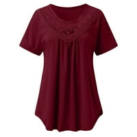 Bazyrey Womens Ljetni vrhovi Čvrsta tiskana bluza Ženski okrugli vrat Trendi kratkih rukava plus veličine čipke za šivanje majica crvena 2xl