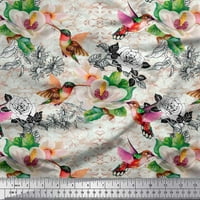 Soimoi Green Pamuk poplin lišće tkanine, hummingbird i bijeli cvjetni otisci tkanine širom dvorišta