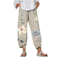 Ženski pamučni posteljina kapris elastični struk Print široke noge obrezane hlače, ležerne plus size salonske pantalone sa džepovima Khaki